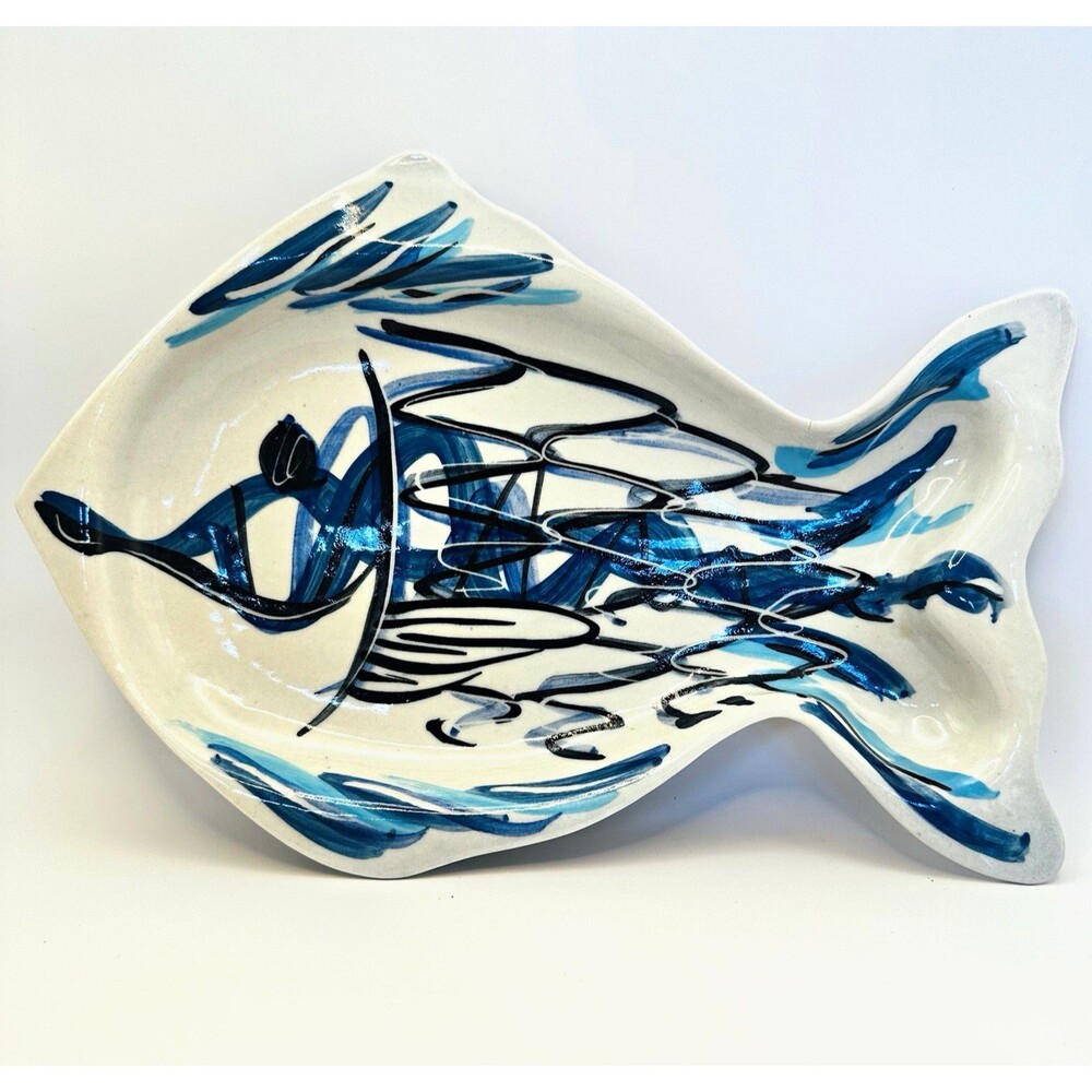 Vintage Mid Century Modern Abstract Studio Art Pottery Fish Platter Signed